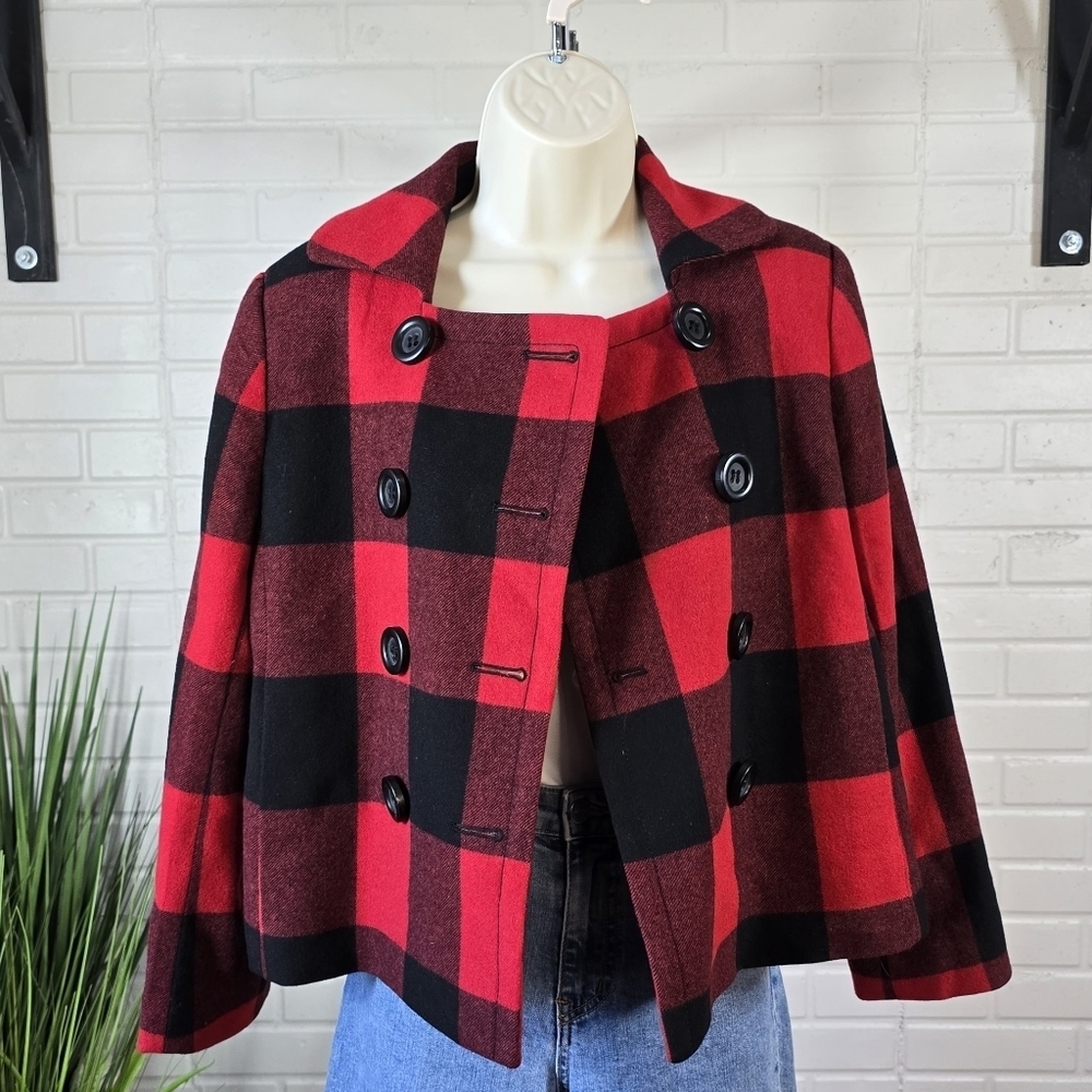 J. Crew Red Buffalo Plaid Double Breasted Cropped Pea Coat Jacket Small Or 6 - Picture 5 of 13